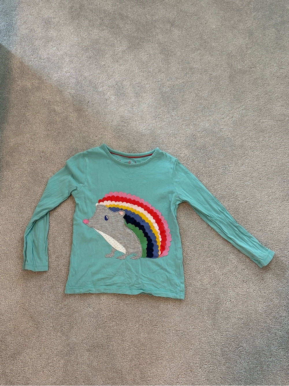 Mini Boden Teal Long-Sleeve Hedgehog Rainbow Tee